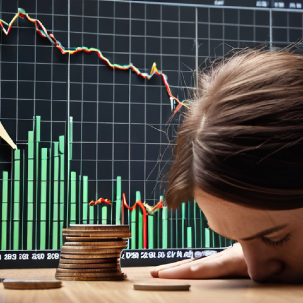 **

A person looking at a stock market chart with a sad expression, fixated on a previous high price point. Coins are scattered around, symbolizing financial loss. The background shows a faint, hopeful upward arrow that is ignored, representing the anchoring bias and clinging to past values. Style: Realistic, slightly desaturated colors.

**