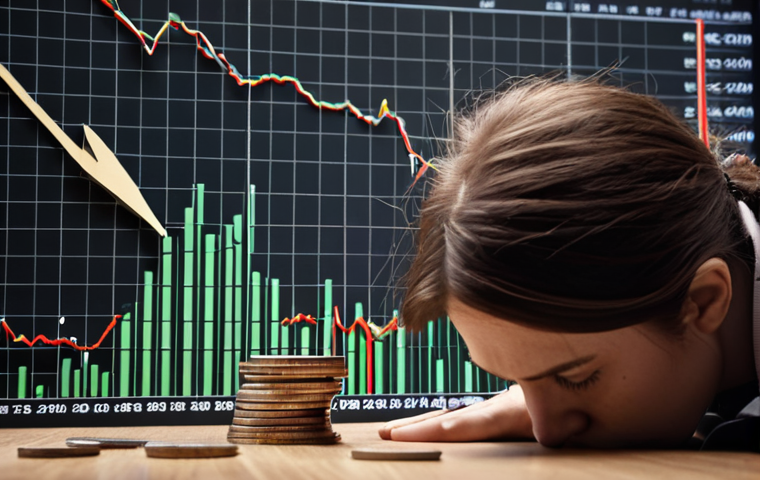 **
A person looking at a stock market chart with a sad expression, fixated on a previous high price point. Coins are scattered around, symbolizing financial loss. The background shows a faint, hopeful upward arrow that is ignored, representing the anchoring bias and clinging to past values. Style: Realistic, slightly desaturated colors.
**