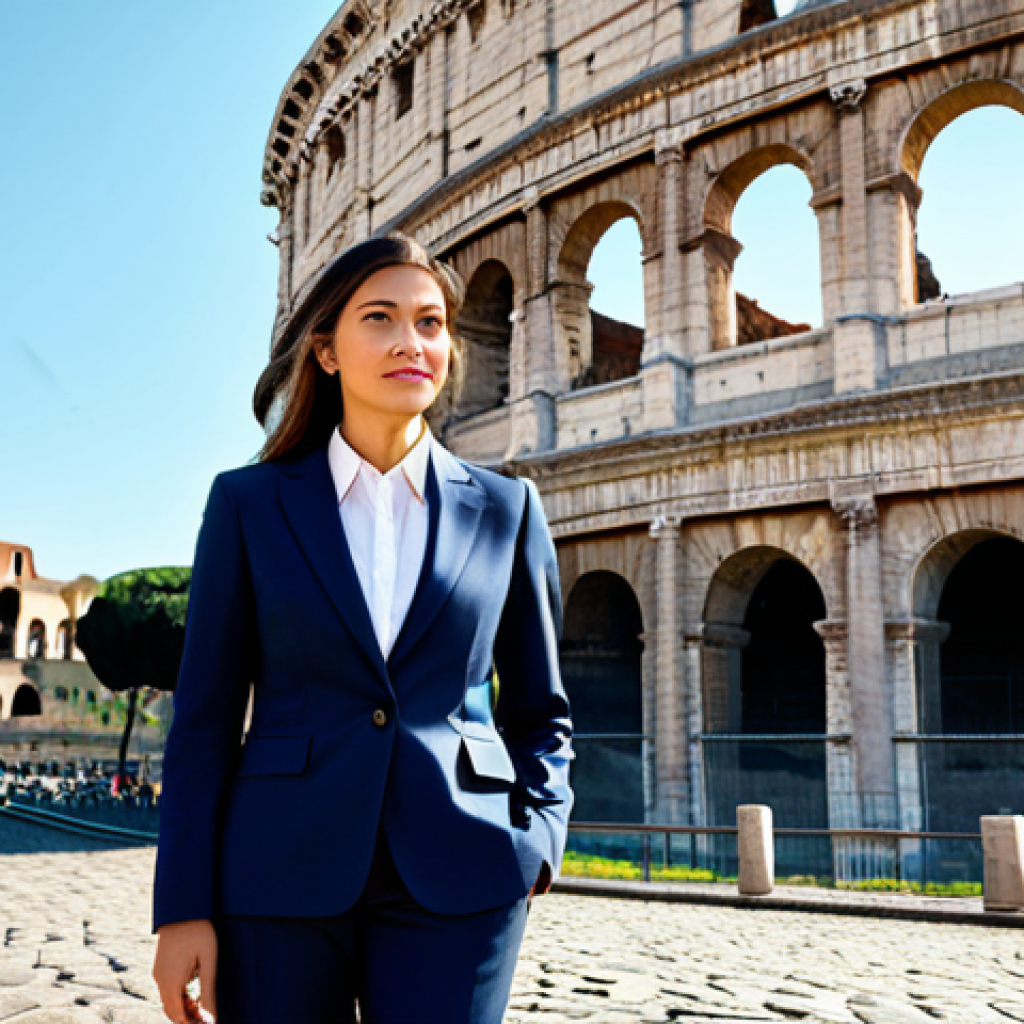 **
"A professional woman, fully clothed in a stylish yet modest business suit, standing confidently in front of the Colosseum in Rome, Italy. Appropriate attire for a business meeting. Safe for work. Perfect anatomy, natural proportions, professional photography, high quality."
**