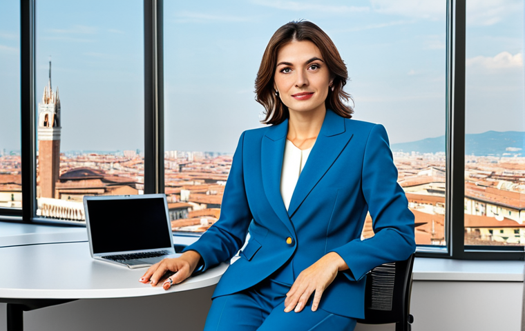 **

"A successful businesswoman in a tailored Italian-style pantsuit, fully clothed, sitting at a modern desk in a bright, Milan office overlooking the city, appropriate attire, safe for work, perfect anatomy, natural proportions, professional photography, high quality, modest dress."

**