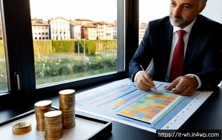 Home 30 부동산 투자 시 자산배분 전략 - Photorealistic Italian real estate investment planning scene, mature couple and financial advisor se...
