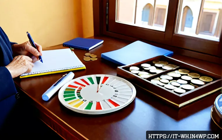 Home 17 자산배분 포트폴리오 구성 방법 - Photorealistic Italian retirement planner at a bright home office desk, carefully arranging simple c...