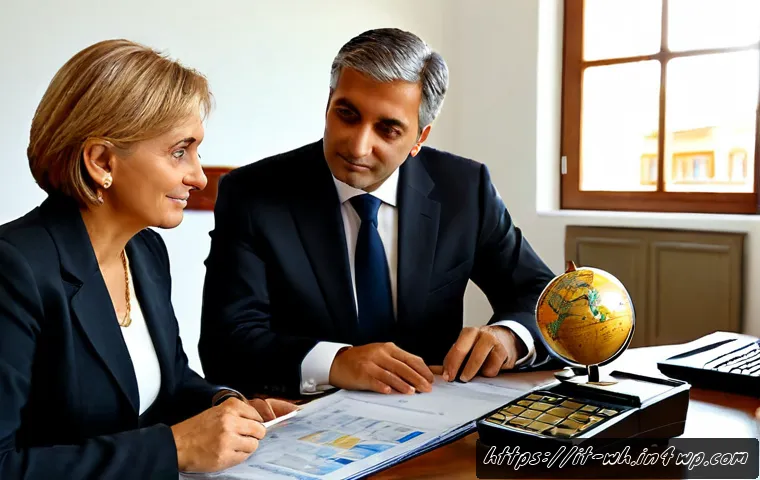 Home 17 자산배분에 대한 글로벌 사례 연구 - Photorealistic financial planning scene in a refined Italian home office, an Italian couple in their...